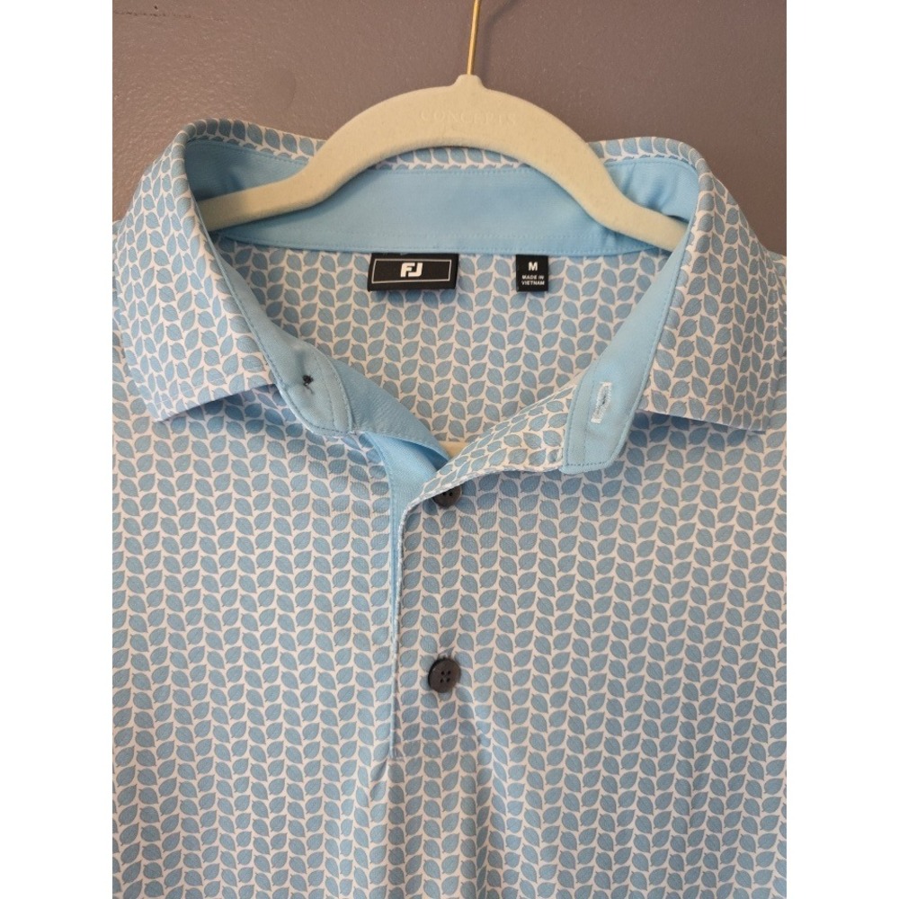 FootJoy Mens Golf Polo Shirt Blue White Leaf Print Performance Short Sleeve M
